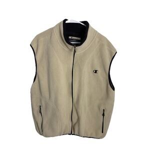 Champion Mens Medium Tan Oatmeal Fleece Full Zip Vest Black Trim Logo